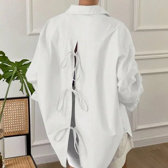 White Casual Women's Loose Long Sleeve Shirt With Collar - Picture 5 of 6